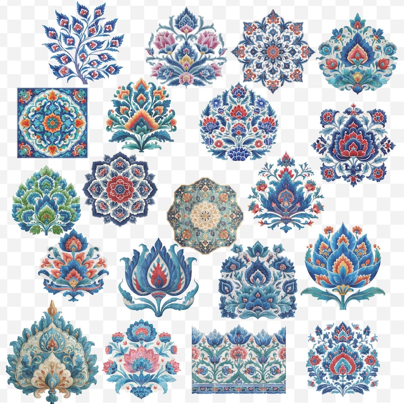 May include: A collection of colorful floral and ornamental designs in shades of blue, red, orange, and green. The designs include intricate patterns and shapes, suitable for various decorative applications.