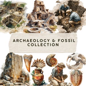 Set di clipart acquerellate di archeologia e fossili - 35 illustrazioni, storia naturale