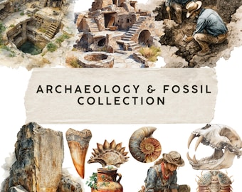 Archaeology & Fossil Watercolor Clipart Set – 35 Illustrations, Natural History