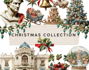 May include: A watercolor illustration featuring a variety of Christmas-themed elements. Includes a bust, ornaments, a bell, an angel, a Christmas tree, a sleigh with gifts, a snow globe, and a building. The text "CHRISTMAS COLLECTION" is displayed.