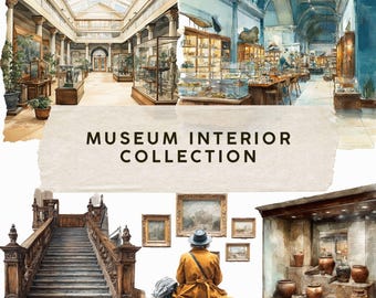 May include: Watercolor illustrations of museum interiors, showcasing architectural details and exhibits. The image includes a grand staircase, display cases, and the text "MUSEUM INTERIOR COLLECTION". The artwork evokes a sense of history and culture.