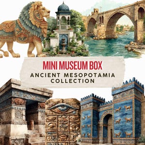 Puede incluir: Ilustración en acuarela de una estatua de león, arquitectura antigua y un puente sobre un río. La imagen incluye el texto "MINI MUSEUM BOX ANCIENT MESOPOTAMIA COLLECTION". La obra de arte presenta una variedad de colores.