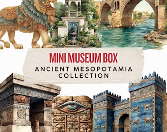 May include: Watercolor illustration of a lion statue, ancient architecture, and a bridge over a river. The image includes the text "MINI MUSEUM BOX ANCIENT MESOPOTAMIA COLLECTION". The artwork features a variety of colors.