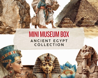 May include: An illustration for a Mini Museum Box featuring an Ancient Egypt Collection. The image includes a pyramid, the Sphinx, a bust of a pharaoh, and a depiction of ancient Egyptians. The text reads "Mini Museum Box Ancient Egypt Collection."