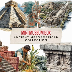 Puede incluir: Ilustración en acuarela de una colección mesoamericana antigua. La imagen presenta pirámides, una figura disfrazada y elementos arquitectónicos. El texto dice "Mini Museum Box" y "Ancient Mesoamerican Collection".