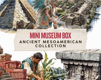 May include: Watercolor illustration of an Ancient Mesoamerican Collection. The image features pyramids, a costumed figure, and architectural elements. Text reads "Mini Museum Box" and "Ancient Mesoamerican Collection".