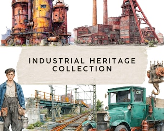 May include: Watercolor illustration of an industrial heritage collection. The image features vintage factories, a red mine tower, a green truck with red wheels, a railway, and a worker. The text "INDUSTRIAL HERITAGE COLLECTION" is displayed.