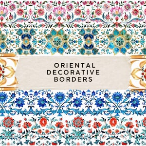 Könnte beinhalten: Aquarellillustrationen von orientalischen dekorativen Bordüren. Das Bild zeigt mehrere verzierte Bordürendesigns mit floralen und geometrischen Mustern in Blau-, Rot-, Rosa- und Goldtönen, vor einem weißen Hintergrund. Der Text "ORIENTAL DECORATIVE BORDERS" befindet sich in der Mitte.