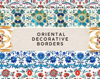 May include: Watercolor illustrations of oriental decorative borders. The image features several ornate border designs with floral and geometric patterns in shades of blue, red, pink, and gold, set against a white background. The text "ORIENTAL DECORATIVE BORDERS" is in the center.
