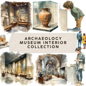 May include: A watercolour illustration depicting an archaeology museum interior collection. The image shows various museum scenes with ancient artefacts, including a large terracotta amphora in a glass case, and the text "ARCHAEOLOGY MUSEUM INTERIOR COLLECTION".