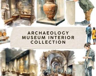 May include: Watercolor illustration of an archaeology museum interior collection. The image features various museum scenes with ancient artifacts, including a large terracotta amphora in a glass case, and the text "ARCHAEOLOGY MUSEUM INTERIOR COLLECTION".
