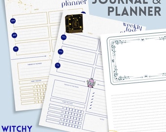 May include: Printable journal and planner pages with celestial and witchy themes. The pages feature weekly task planners, habit trackers, and note sections. The design includes gold and navy blue accents with the text "Printable Journal & Planner" and "Witchy Celestial Printable."