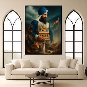 May include: A framed painting depicts a Sikh figure in a blue turban and attire, holding a golden structure and a sword. The artwork features a dramatic sky, figures in the background, and two flags. The painting is displayed above a white sofa.