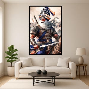 May include: A framed digital art print depicting a Sikh warrior on horseback, wielding a sword. The warrior wears a detailed turban, chainmail armor, and blue and gold accents. The artwork is set against a cloudy background, with a black frame.