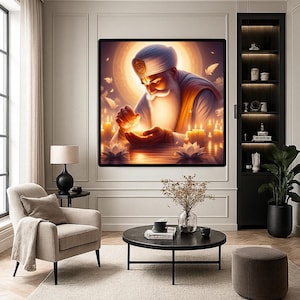 以下が含まれることがあります： 白いひげとターバンをした精神的な人物が、光る物体を持っている額入りのアートワーク。キャンドルと蓮の花を背景に、暖かく金色の光が差し込んでいます。モダンなリビングルームに飾られています。