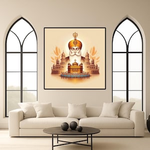 Könnte beinhalten: Gerahmtes Kunstwerk, das eine religiöse Figur mit weißem Bart und Turban vor dem Hintergrund eines goldenen Tempels und anderer Gebäude zeigt. Das Kunstwerk befindet sich in einem schwarzen Rahmen und hängt über einem weißen Sofa.