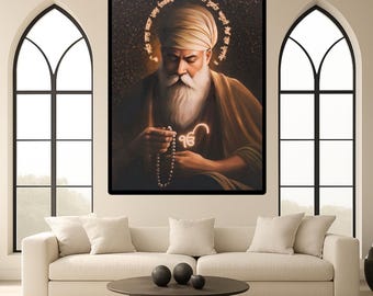 May include: A framed portrait of a spiritual figure with a white beard and turban, holding a rosary. The artwork is set against a dark background with a golden halo and text. The image is displayed in a modern living room with a white sofa and a round coffee table.