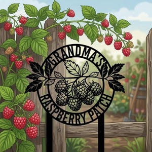 Könnte beinhalten: Schwarzes Metallschild mit der Aufschrift "Grandma's Raspberry Patch" in einem Kreis. Das Schild zeigt einen Himbeerzweig mit Blättern vor einem Holzzaun mit roten Himbeeren.