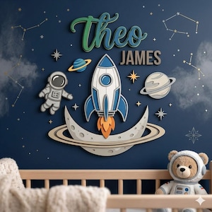 Può includere: Decorazione murale per la cameretta blu navy con un razzo, un astronauta, pianeti e i nomi "Theo JAMES" a tema spaziale. Un orsacchiotto con tuta da astronauta è in primo piano.