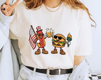 Funny Patriotic Food Shirt, 4th of July Hot Dog Hamburger Tee, American Flag Beer Torch Graphic, Summer BBQ Party Outfit, USA Holiday Tee