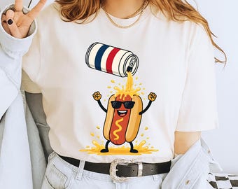 Funny Hot Dog Cartoon Shirt, Happy Summer Foodie Tee, USA Flag Can Drink Graphic, Whimsical Fast Food Lover Gift, BBQ Party Humor Apparel