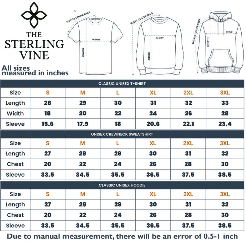 May include: A size chart for classic unisex t-shirts, crewneck sweatshirts, and hoodies. The chart displays measurements in inches for length, width, chest, and sleeve for sizes S to 3XL. The Sterling Vine logo is at the top.