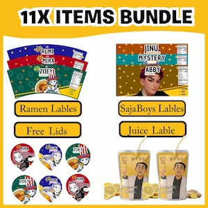 May include: An image showcasing an 11-item bundle of food-related products. The bundle includes ramen labels, juice labels, and free lids. The labels feature illustrations and text, with the words "RUMI", "MIRA", "ZOEY", "JINU", and "ABBY" visible.