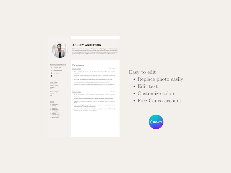 Modern Resume Template With Photo | Canva Editable CV | Professional ...