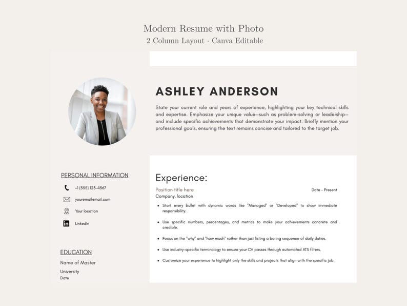 Modern Resume Template With Photo | Canva Editable CV | Professional ...