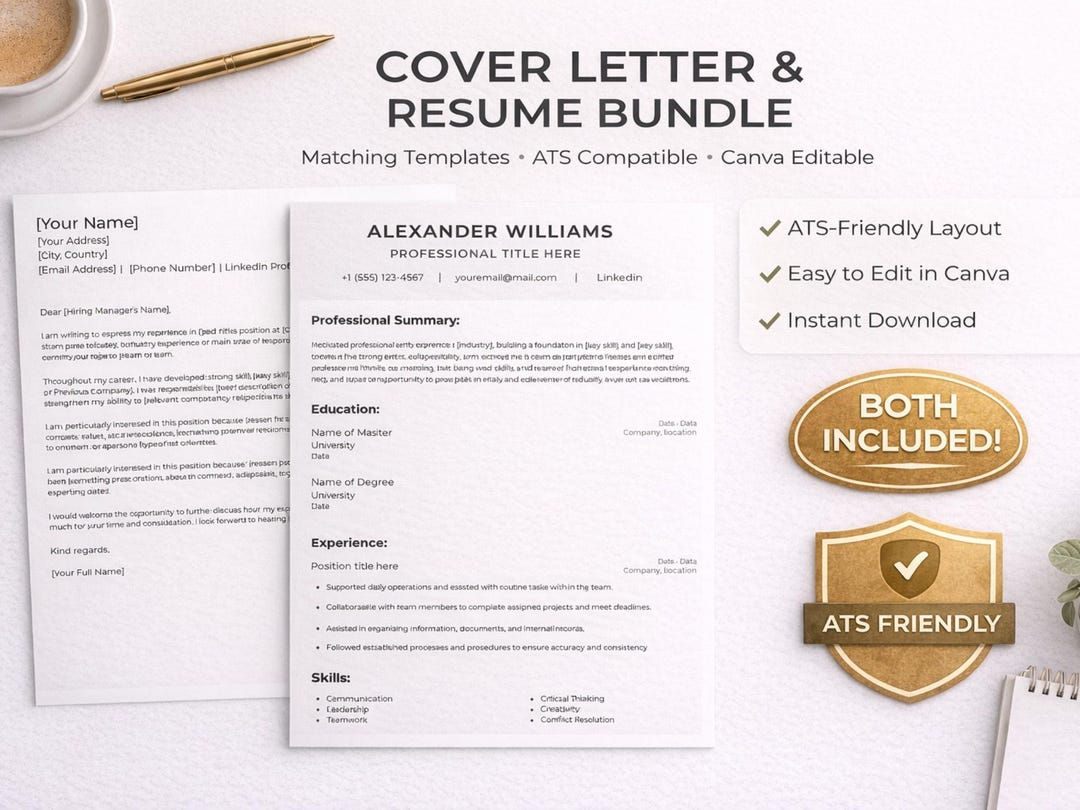 ATS Resume and Cover Letter Bundle | Canva Editable CV Template ...