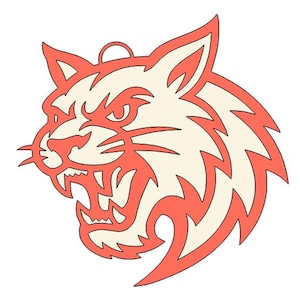 May include: A stylized illustration of a wildcat head in profile, featuring a cream-colored interior and outlined in a vibrant coral hue. The design includes sharp angles and a fierce expression, with a small loop at the top for hanging.