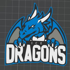 May include: A blue and white dragon logo with the words "ICE DRAGONS" in bold white letters. The dragon is blue with white accents and gray wings, set against a dark gray grid background.