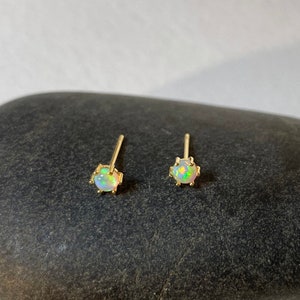 genuine Ethiopian opal earrings, solid gold earrings, blue opal earrings, tiny cabochon stud earrings, small opal stud, October birthstone