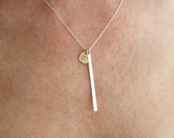 long sterling silver bar with gold heart initial necklace, long bar necklace, monogram and name necklace, initial necklace