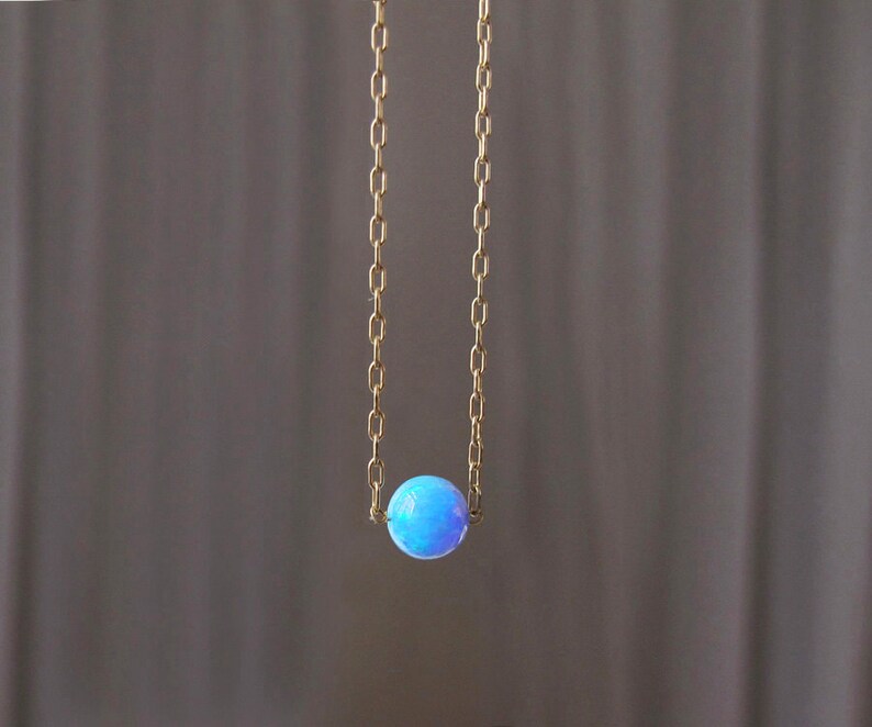 opal necklace, brilliant blue opal necklace, gold necklace, round opal necklace, solitaire opal, bridesmaid gift, october birthstone image 2