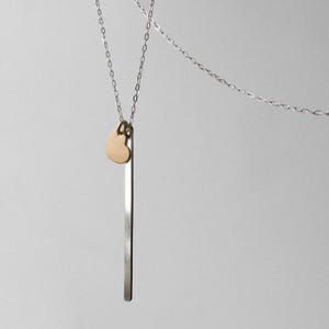 long sterling silver bar with gold heart initial necklace, long bar necklace, monogram and name necklace, initial necklace