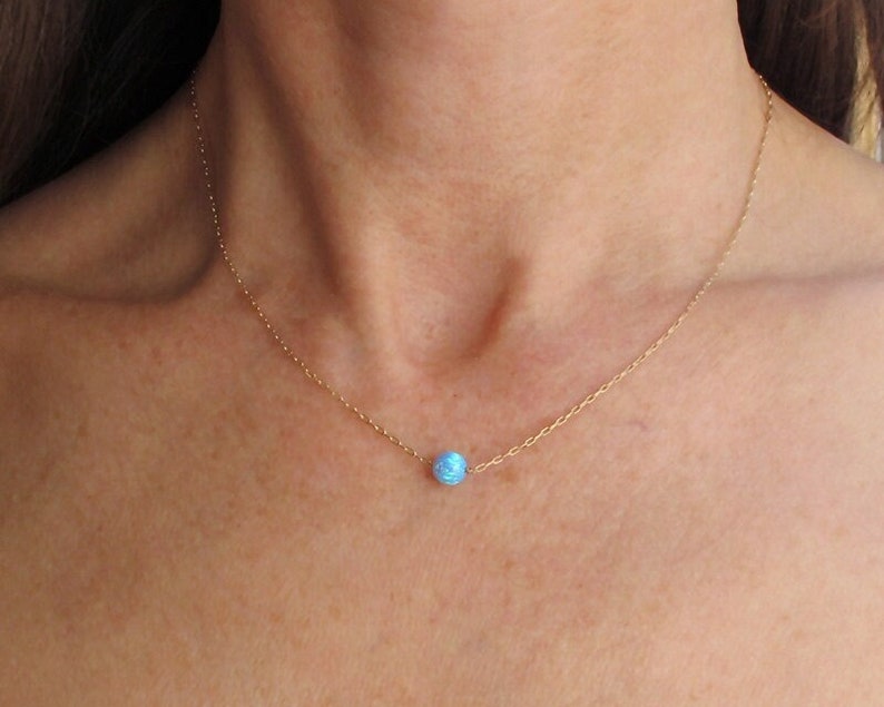 opal necklace, brilliant blue opal necklace, gold necklace, round opal necklace, solitaire opal, bridesmaid gift, october birthstone image 1