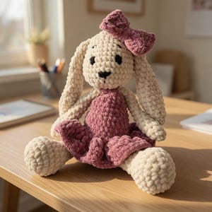 Könnte beinhalten: Handgefertigte Häkelkaninchen-Puppe mit cremefarbenem Körper, langen Schlappohren und einem rosa Kleid. Das Häschen hat eine passende rosa Schleife auf dem Kopf und schwarze Augen. Das Stofftier sitzt auf einer Holzoberfläche.