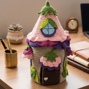 May include: A handmade crochet fairy house in shades of pink, purple, green, and tan. The whimsical house features a flower-shaped roof, a small door with a heart, and a round window. The house is decorated with floral and leaf accents.