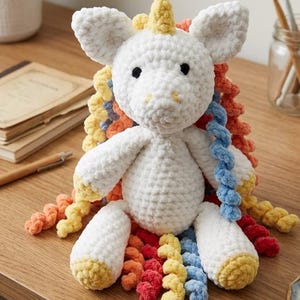 Könnte beinhalten: Eine handgefertigte, weiße Häkel-Einhorn-Puppe mit gelbem Horn, schwarzen Augen und einer bunten Regenbogenmähne und -schwanz. Das Einhorn hat gelbe Hufe und sitzt auf einer Holzoberfläche.
