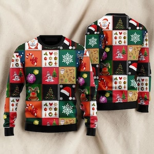 Christmas Patchwork Crewneck Sweatshirt Ugly Xmas Sweater Santa Snowman Reindeer Holiday Pullover Festive Winter Party Gift for Men Women