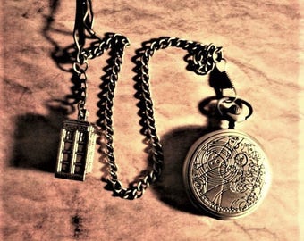 DR WHO Pocket Watch w. Gallifreyan style symbols engraved on cover,TARDIS on chain in Single Albert style,for Time Lords of all ages,battery