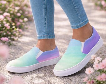 Women’s Canvas Slip-Ons – Pastel Slip-On Canvas Shoes for Women – Rainbow Gradient – Lightweight Comfortable Summer Shoes