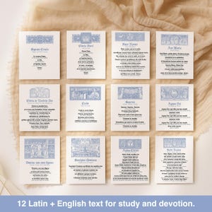 May include: Twelve white cards with blue decorative borders and text in Latin and English. The cards are arranged in a grid, each card displaying a different prayer. The text at the bottom reads: "12 Latin + English text for study and devotion."