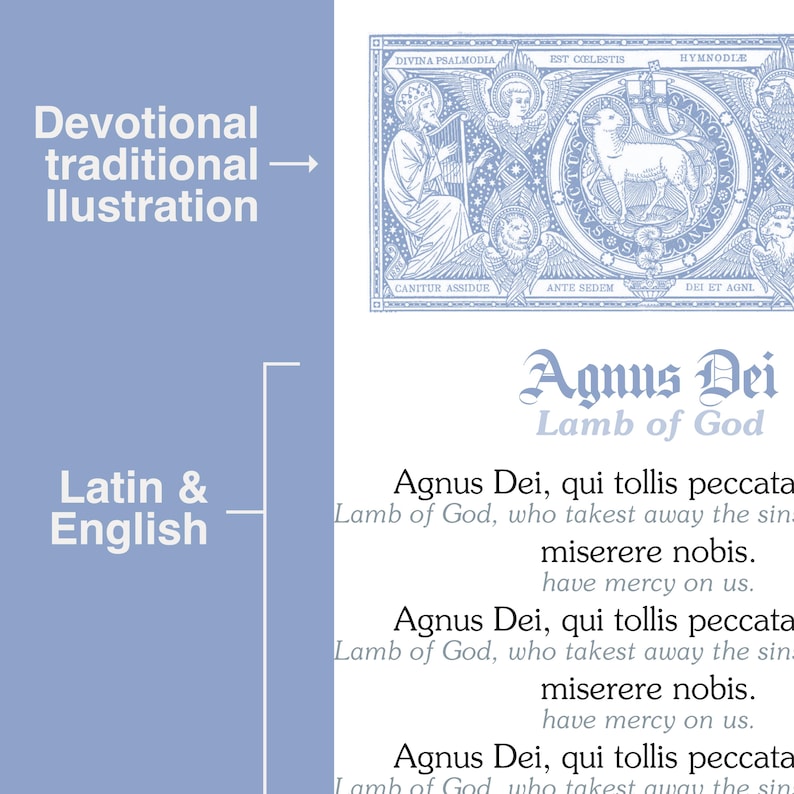 May include: A blue and white devotional illustration with the text "Agnus Dei, Lamb of God." The image features detailed artwork of religious figures and symbols, with text in Latin and English.
