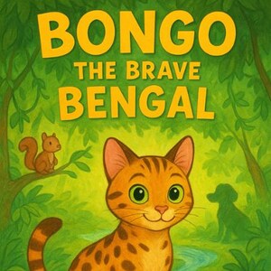 May include: A children's book cover featuring a cartoon Bengal cat with orange fur and brown spots. The title reads "BONGO THE BRAVE BENGAL" in yellow letters. A squirrel and a dog silhouette are also visible. The author's name, Bailey Dahl, is at the bottom.
