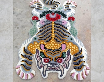 Tibetan Tiger Rug 2x3ft | Hand Tufted Handmade Wool Carpet | Animal Rug for Living Room, Kids Room, Bedroom
