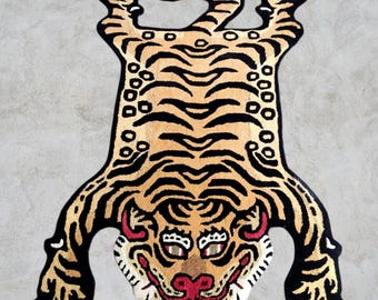 Hand Tufted Gold Tibetan Tiger Rug | Pure Handmade Wool Carpet | Animal Design Rug for Home & Nursery, Living Room, Kids Room, Bedroom