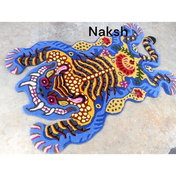Hand Tufted Blue Tibetan Tiger Rug | 2x3ft Pure Handmade Wool Carpet | Animal Design Rug for Home & Nursery