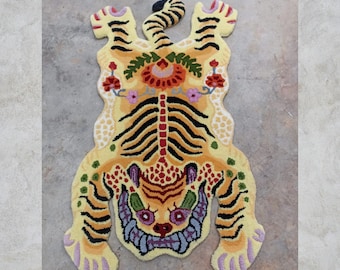 Hand Tufted Yellow Tibetan Tiger Rug | 2x3ft Pure Handmade Wool Carpet | Animal Design Rug for Home & Nursery
